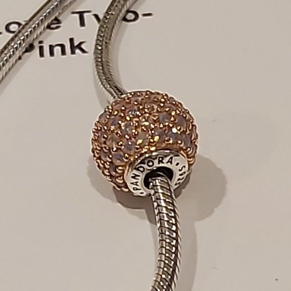 PANDORA *RETIRED SS & 14kt Gold ESSENCE LOVE w/Opalescent Pink Crystal 796064NOP - Picture 8 of 14